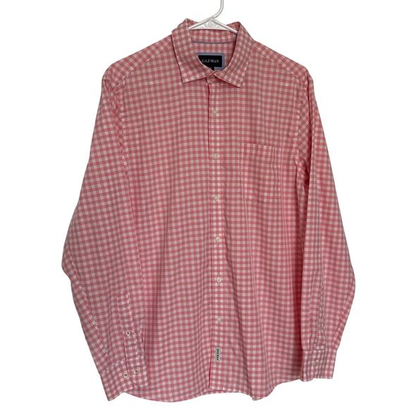 Gazman Easy Care Gingham Check Shirt pink coral & white cotton preppy medium - Picture 3 of 14